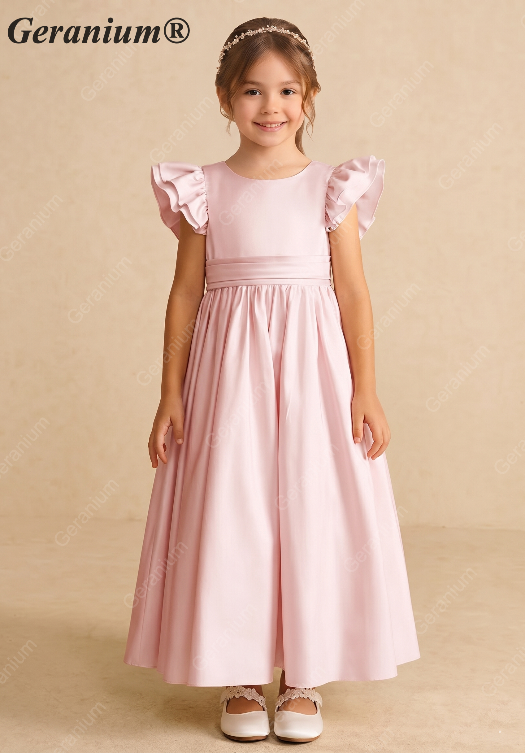 Geranium Elegant Flutter Sleeve Pink Satin Flower Girl Dress with Oversized Back Bow KD-300 Main image