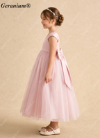 Geranium Elegant Backless Flower Girl Dress with Oversized Detachable Bow - Satin & Tulle Princess Gown KD-184