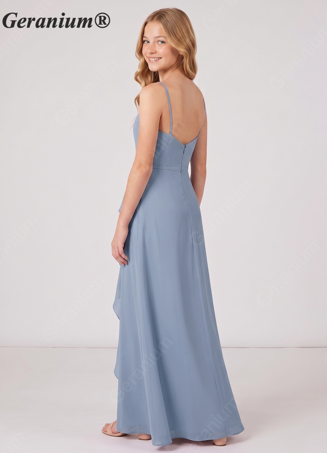 Geranium Dusty Blue chiffon Junior Bridesmaid Dress with Ruffle Slit – KD-151 Image secondaire du produit