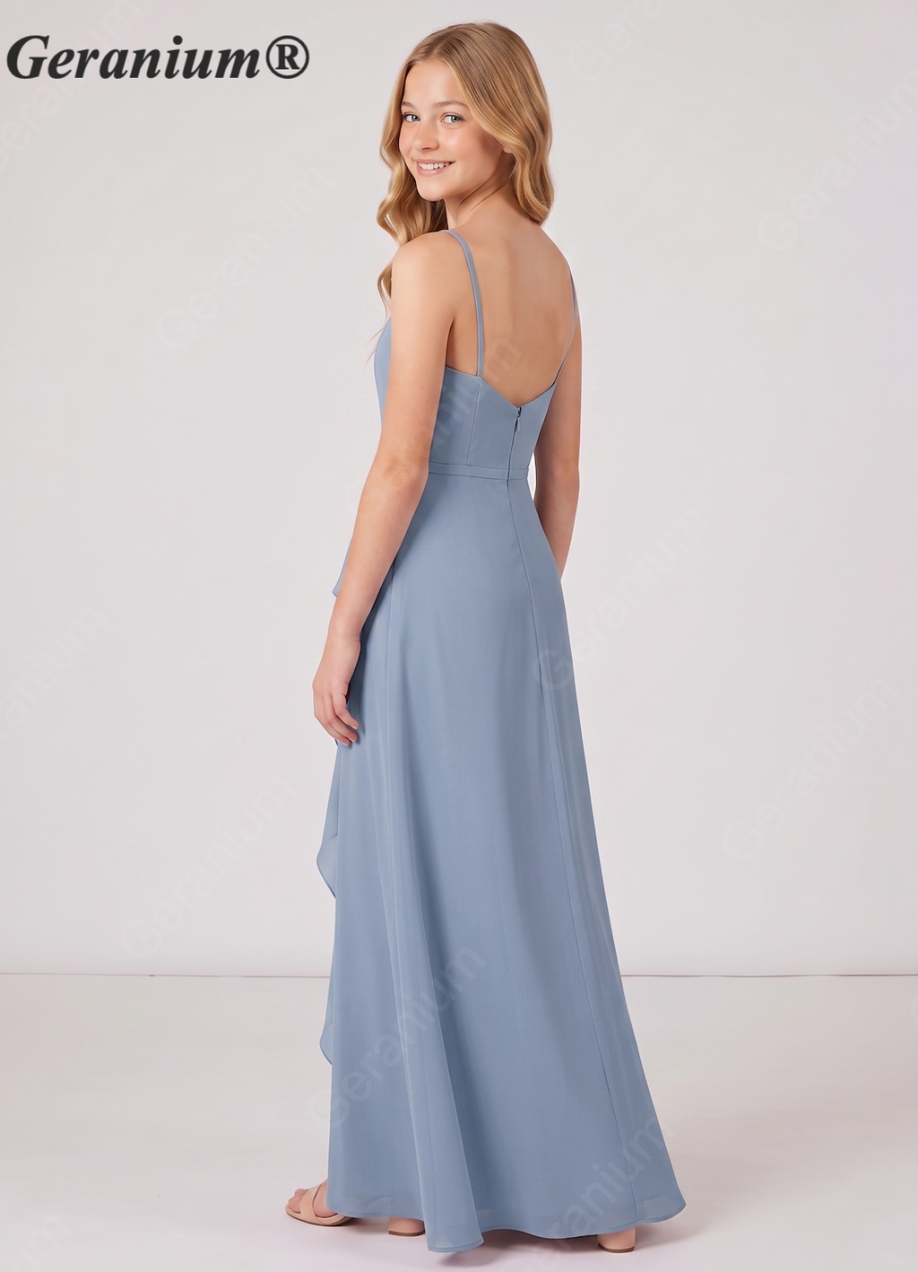 Geranium Dusty Blue Spaghetti Strap Satin Bridesmaid Dress with Ruffle Slit – Elegant A-Line Floor Length Gown KD-151
