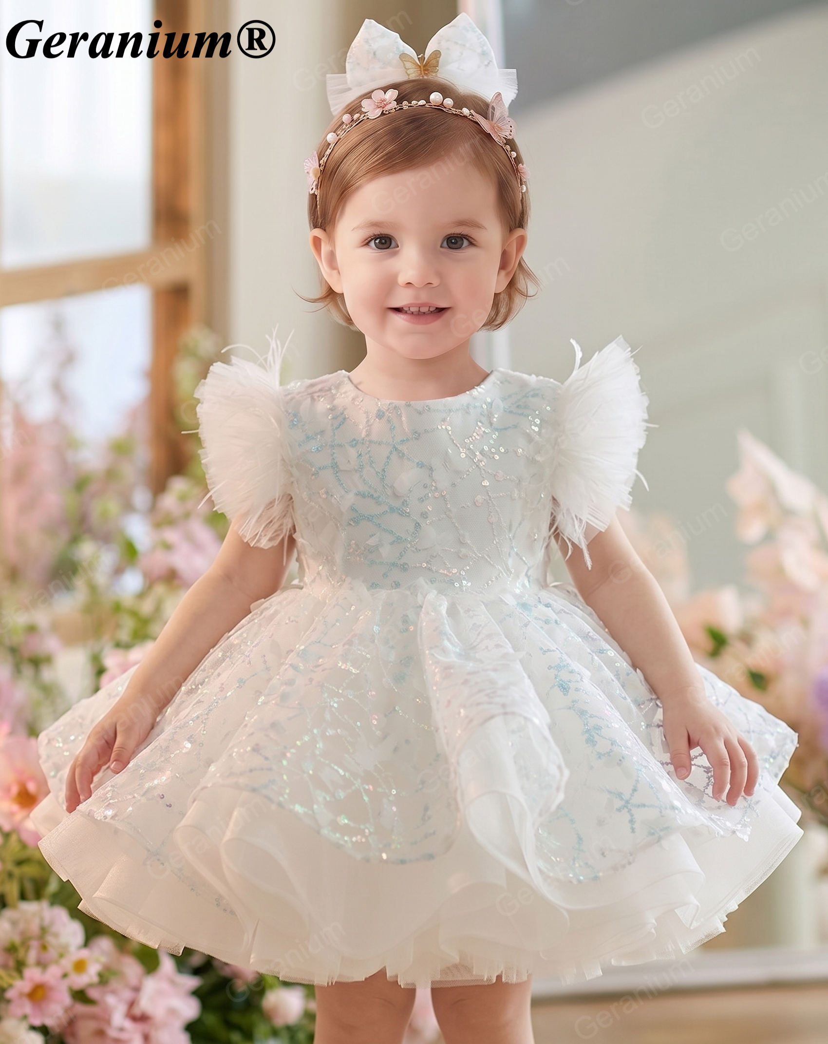 Geranium Sparkling Butterfly Sequined Toddler Formal Dress - Ethereal Feather Sleeve Birthday Gown with Oversized Back Bow KD-362