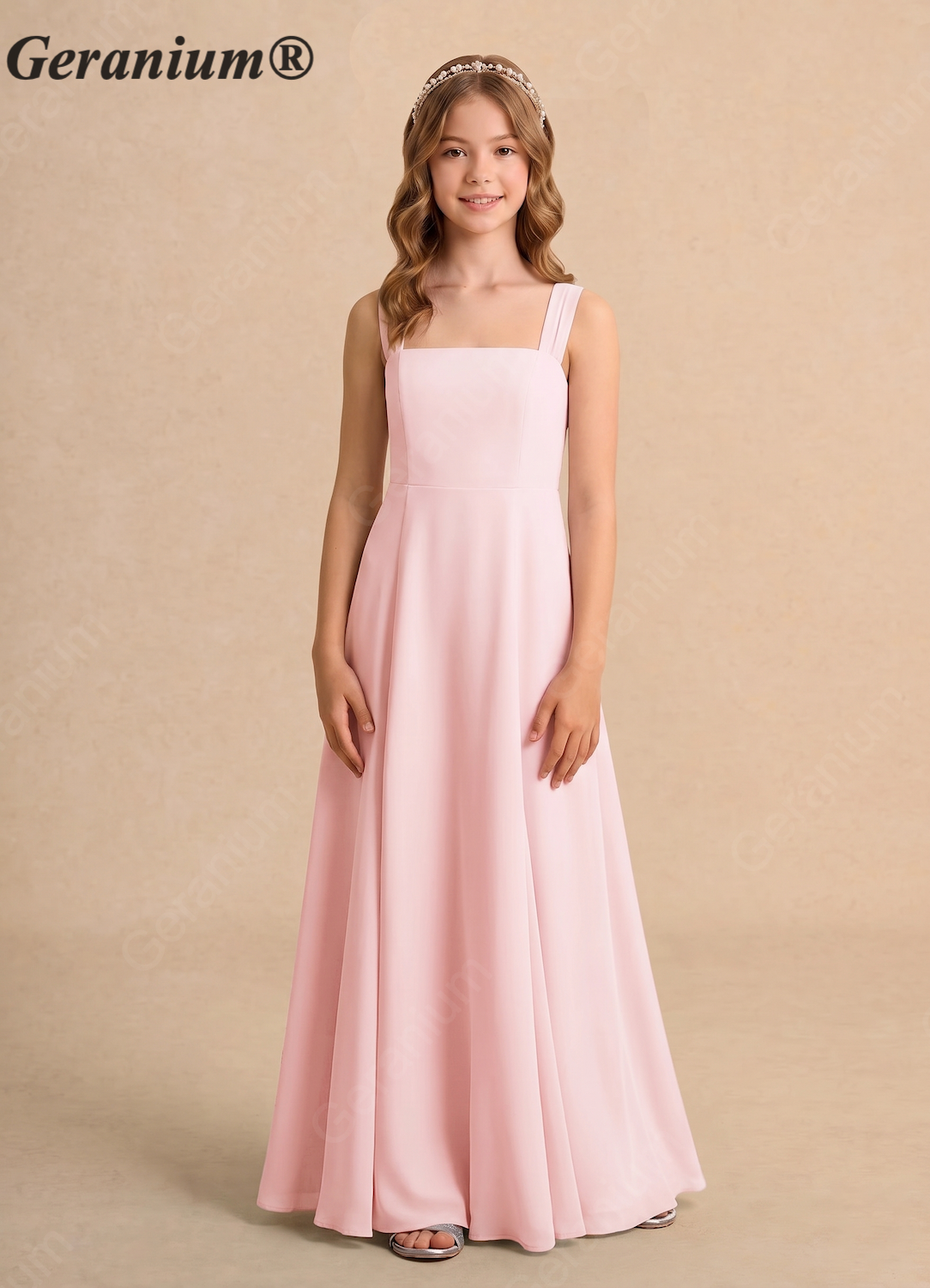 Geranium Elegant Square Neck Chiffon Junior Bridesmaid Dress with Bow Back KD-173