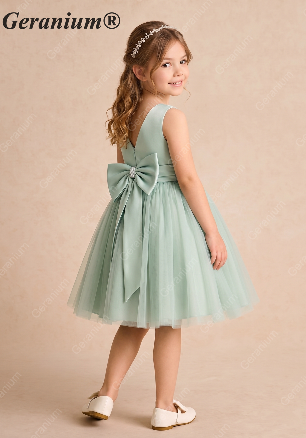 Geranium Sage Green Tulle Flower Girl Dress with Oversized Pearl Bow & Satin Bodice KD-256