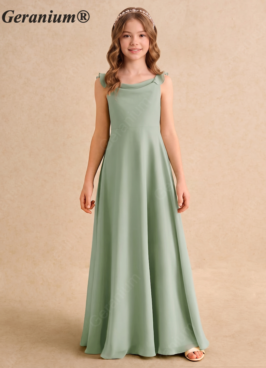 Geranium Sage Green Chiffon Junior Bridesmaid Dress with Ruffle Straps – Elegant Floor-Length Flower Girl Dress KD-169 Main image