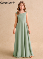 Geranium Sage Green Chiffon Junior Bridesmaid Dress with Ruffle Straps – Elegant Floor-Length Flower Girl Dress KD-169