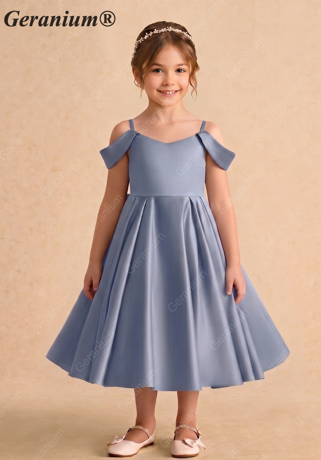 Geranium Elegant Dusty Blue Satin Off-The-Shoulder Flower Girl Dress with Oversized Back Bow KD-257