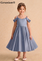 Geranium Elegant Dusty Blue Satin Off-The-Shoulder Flower Girl Dress with Oversized Back Bow KD-257
