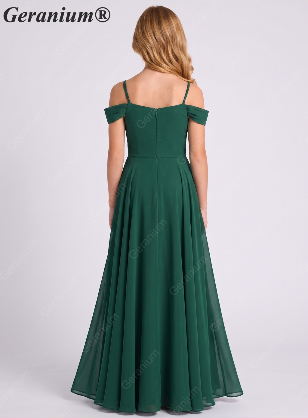 Geranium Dark Green Off-the-Shoulder Chiffon Floor-Length Teen Bridesmaid Dress KD-307