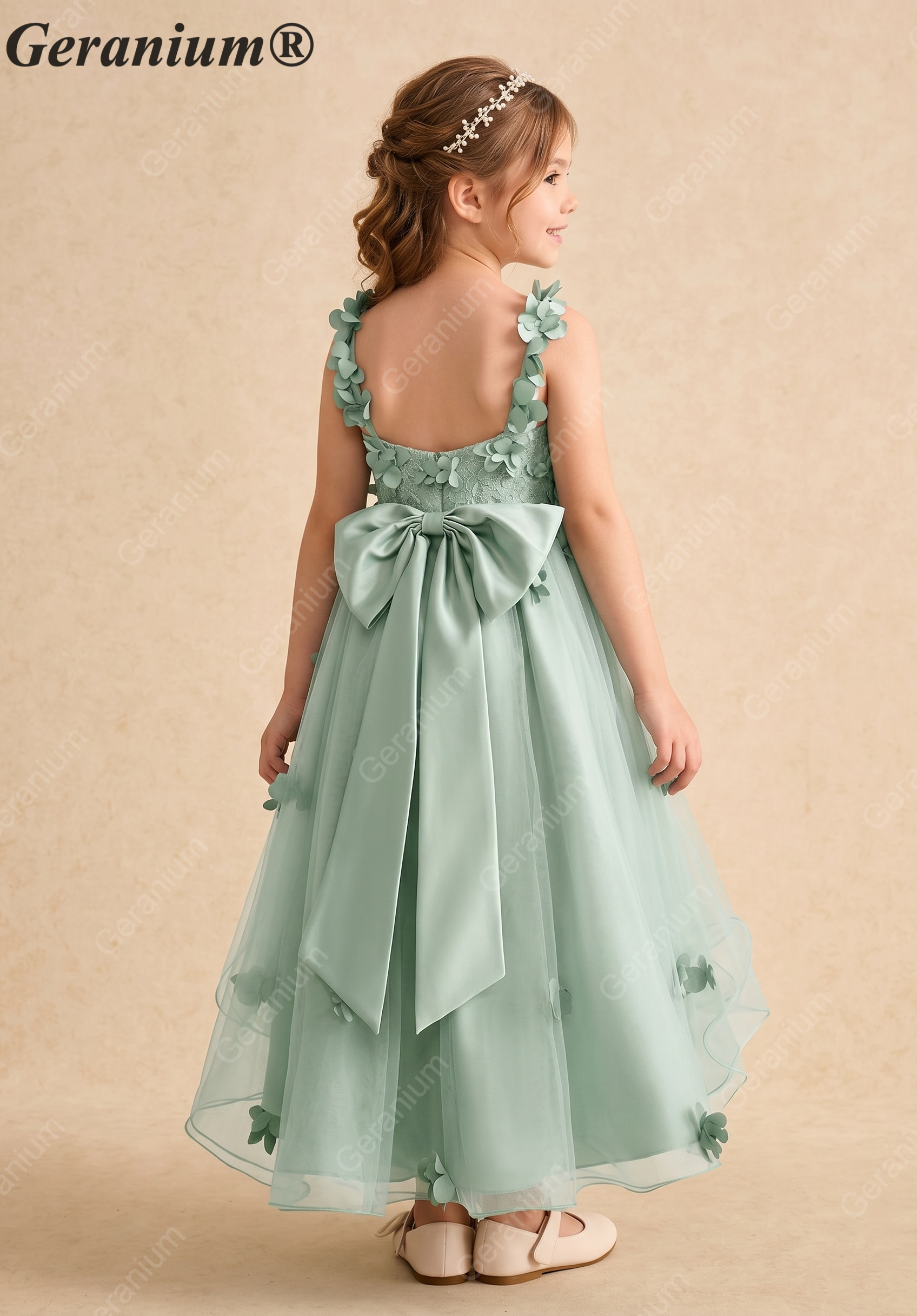 Geranium Sage Green 3D Floral Applique Flower Girl Dress - High-Low Tulle Skirt with Detachable Bow KD-269