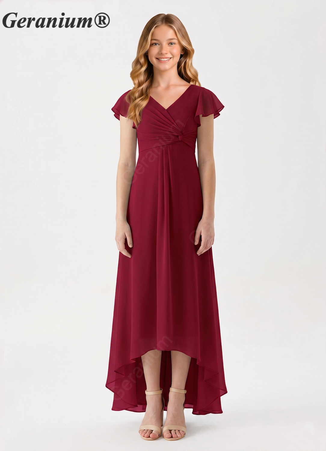 Geranium Burgundy Junior Bridesmaid Dress V-Neck Flutter Sleeve Chiffon High Low Formal Dress for Teen Girls KD-61 Main image