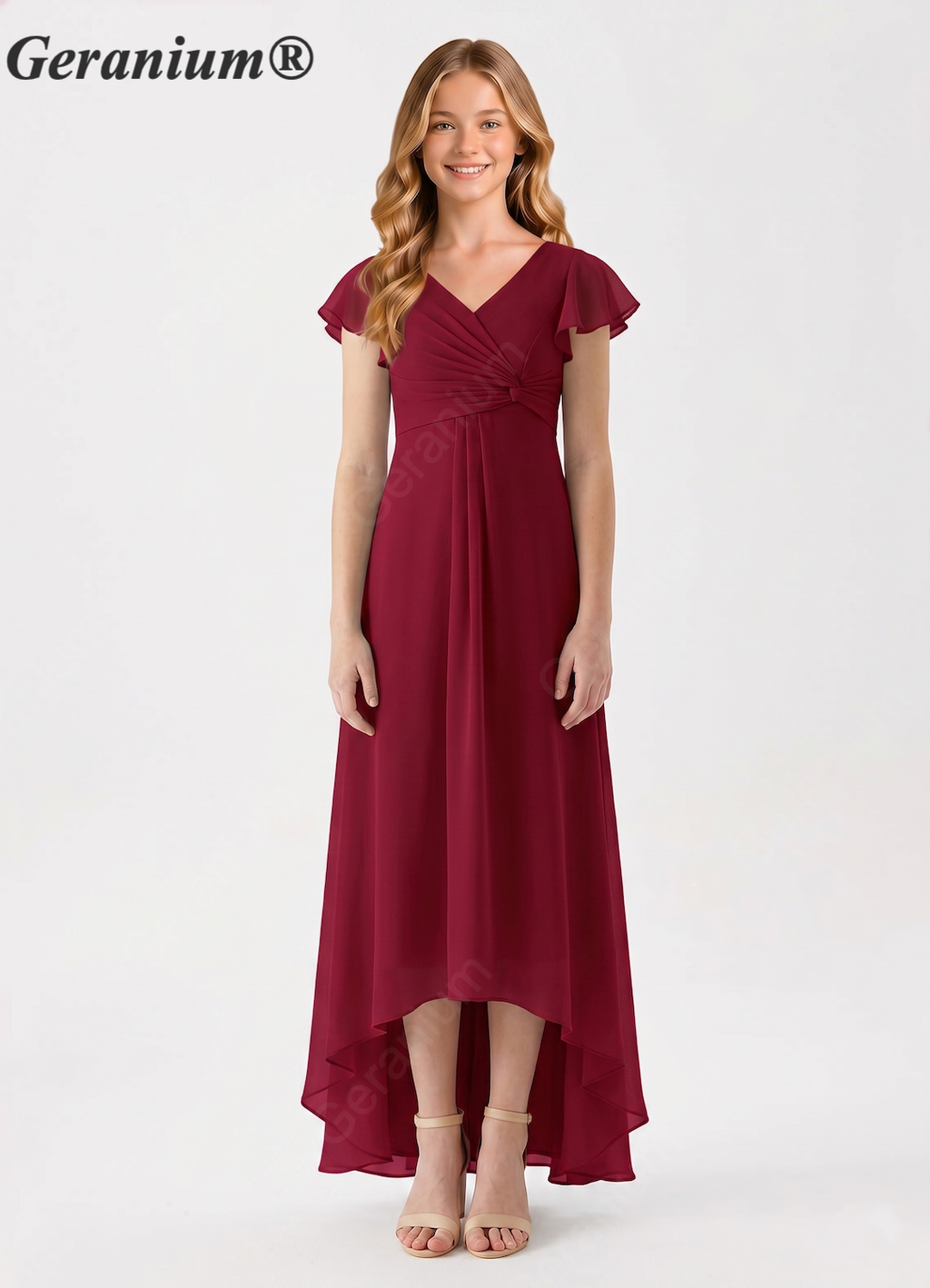 Geranium Burgundy Junior Bridesmaid Dress V-Neck Flutter Sleeve Chiffon High Low Formal Dress for Teen Girls KD-61