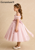 Geranium Enchanting Blush Pink Off-the-Shoulder Flower Girl Dress - Floral Appliqué Tulle Tutu Princess Gown KD-248
