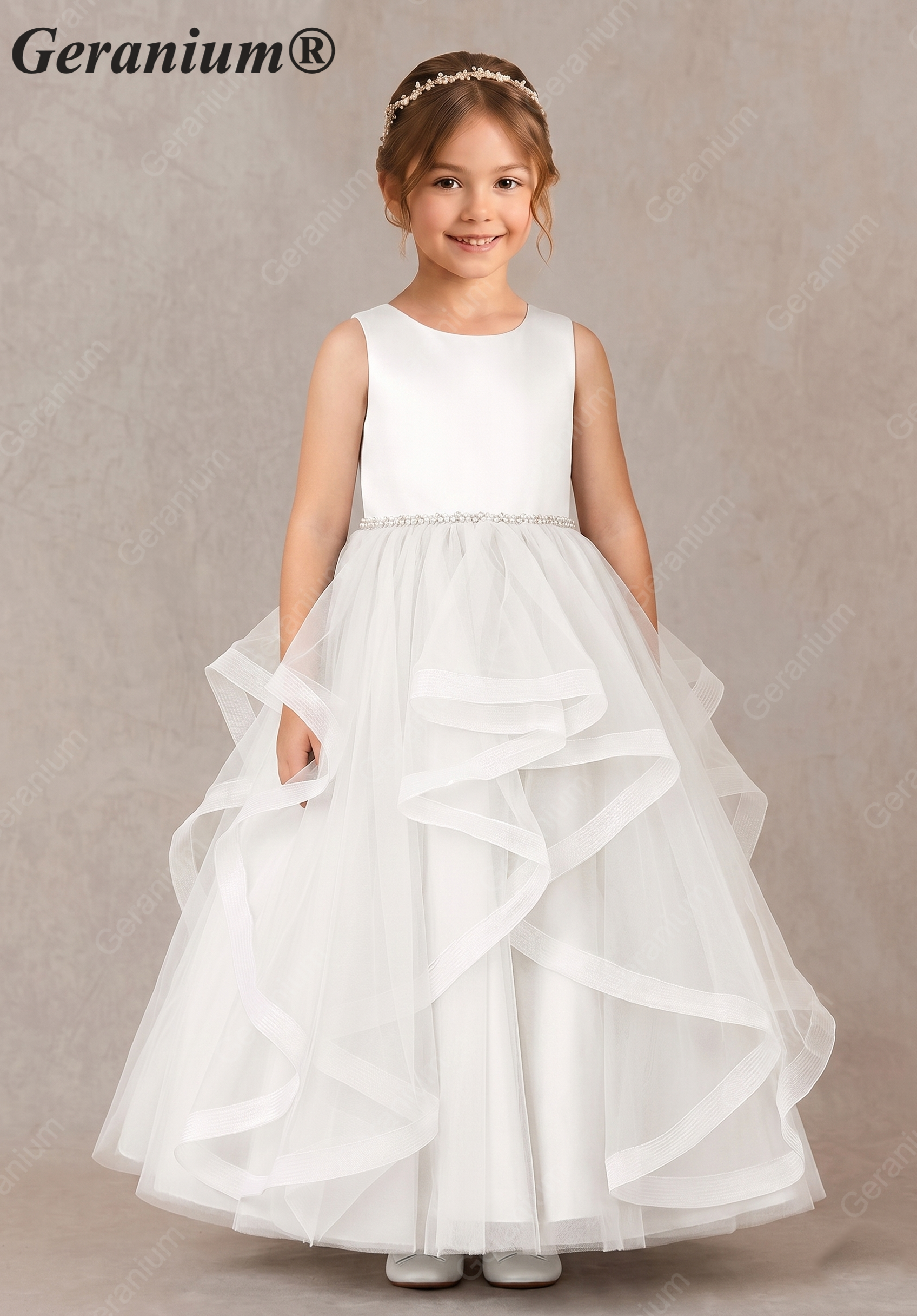 Geranium Sweet Princess Flower Girl Dress - Cascading Tulle Ruffles with Pearl Beaded Waistband KD-262 Main image