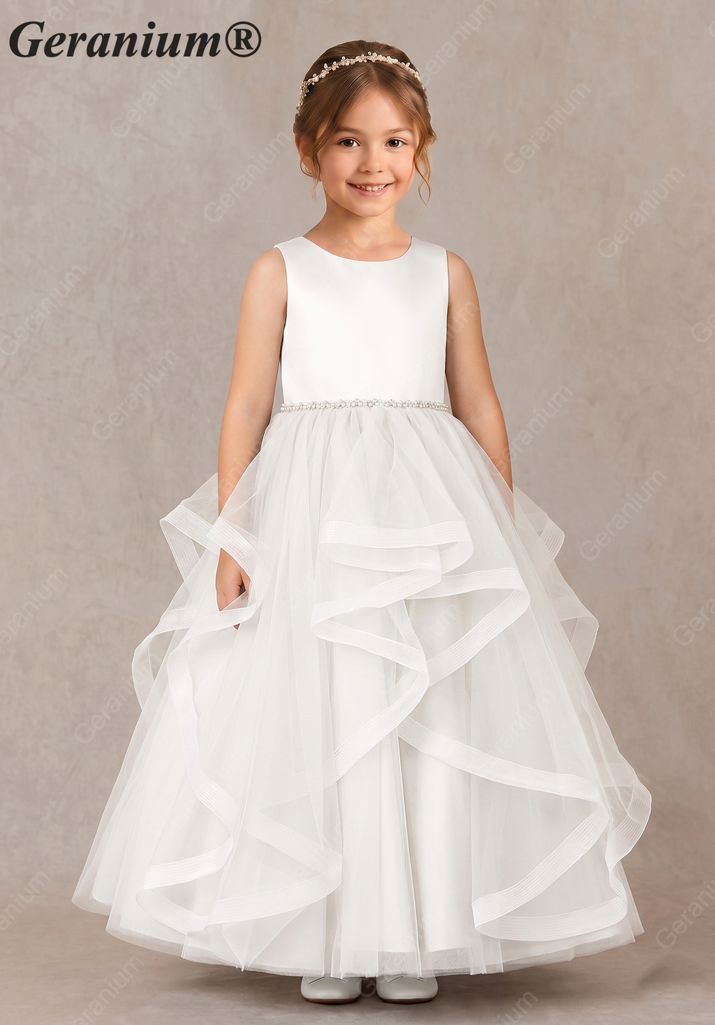 Geranium Sweet Princess Flower Girl Dress - Cascading Tulle Ruffles with Pearl Beaded Waistband KD-262