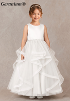 Geranium Sweet Princess Flower Girl Dress - Cascading Tulle Ruffles with Pearl Beaded Waistband KD-262