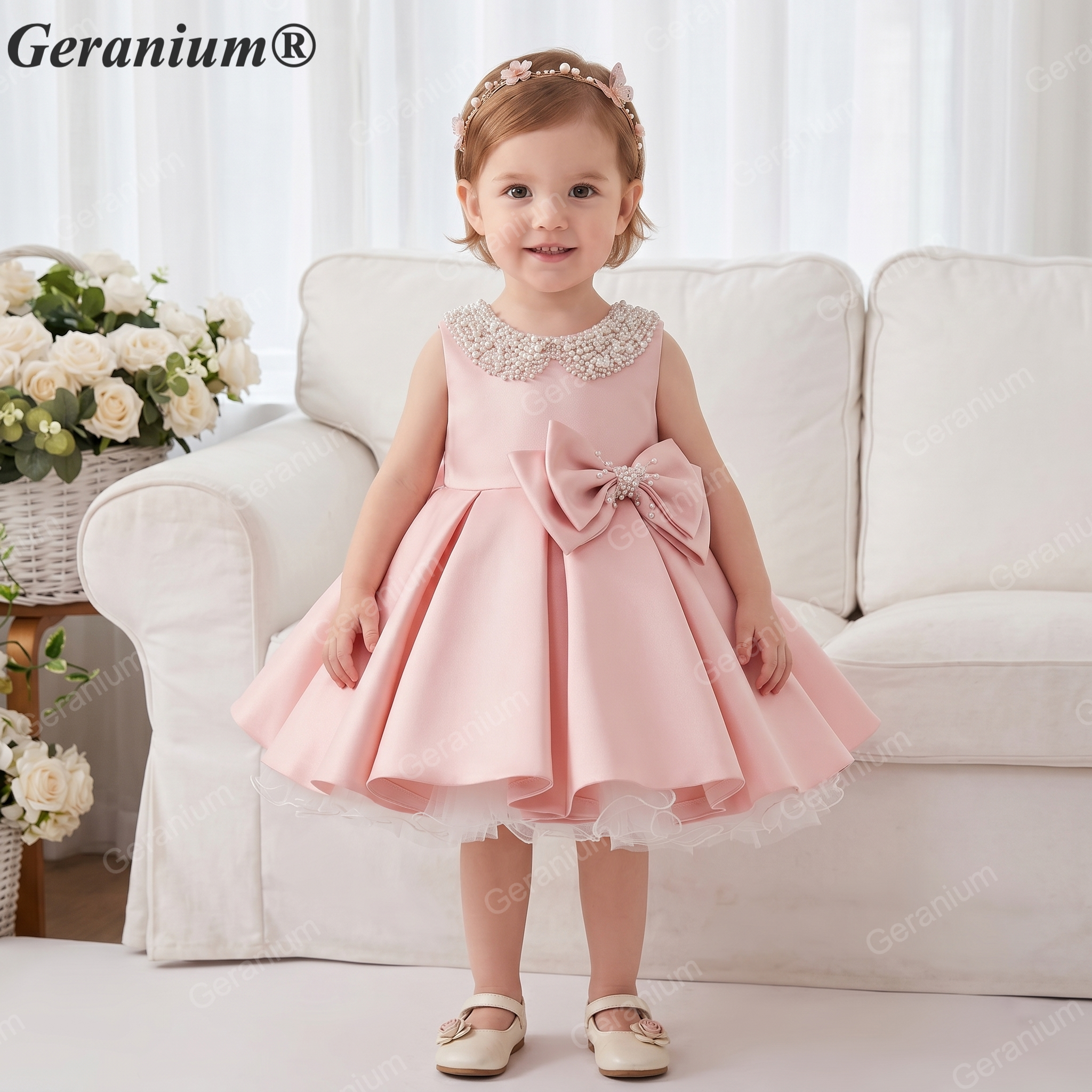 Geranium Pearl Peter Pan Collar Satin Flower Girl Dress - Elegant Toddler Princess Gown with Statement Bow KD-370