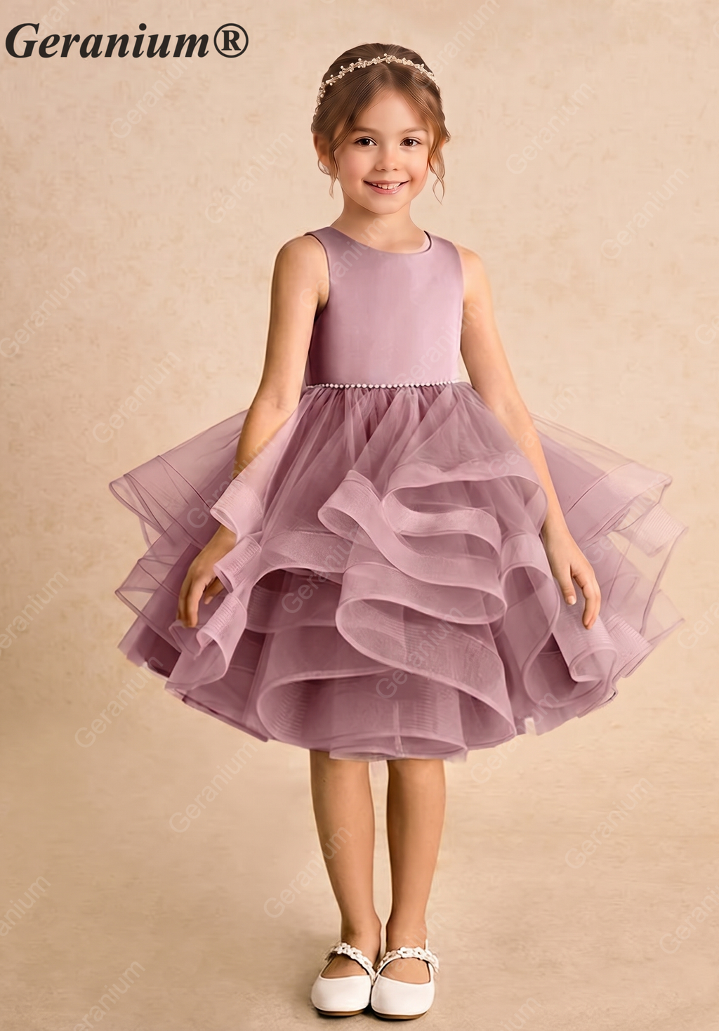 Garanium Girls Dusty Rose Multi-Tiered Tulle Party Dress - Luxury Pearl Waistband & Detachable Bow Train Flower Girl Gown KD-287