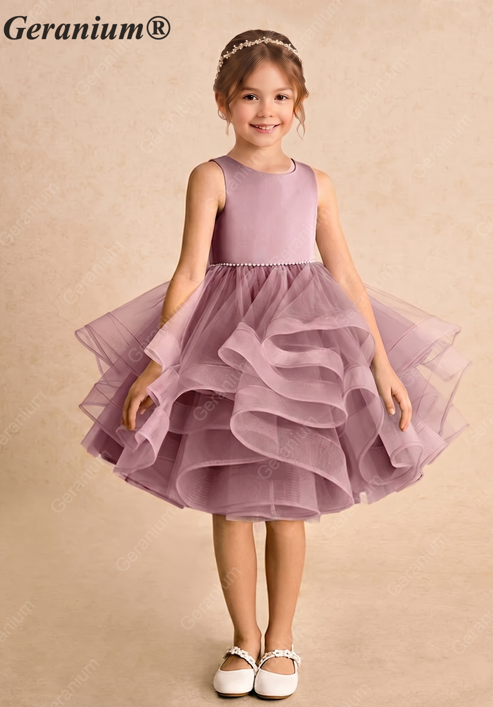 Garanium Girls Dusty Rose Multi-Tiered Tulle Party Dress - Luxury Pearl Waistband & Detachable Bow Train Flower Girl Gown KD-287