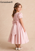 Geranium Elegant Puff Sleeve Satin Flower Girl Dress with Back Bow - Pink Formal Party Gown for Kids KD-254