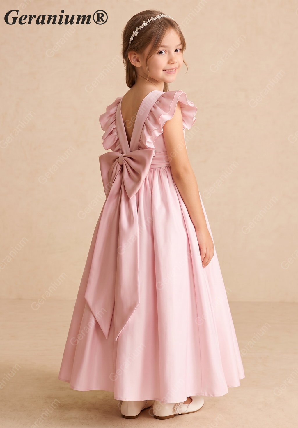 Geranium Elegant Flutter Sleeve Pink Satin Flower Girl Dress with Oversized Back Bow KD-300