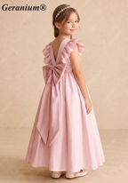 Geranium Elegant Flutter Sleeve Pink Satin Flower Girl Dress with Oversized Back Bow KD-300
