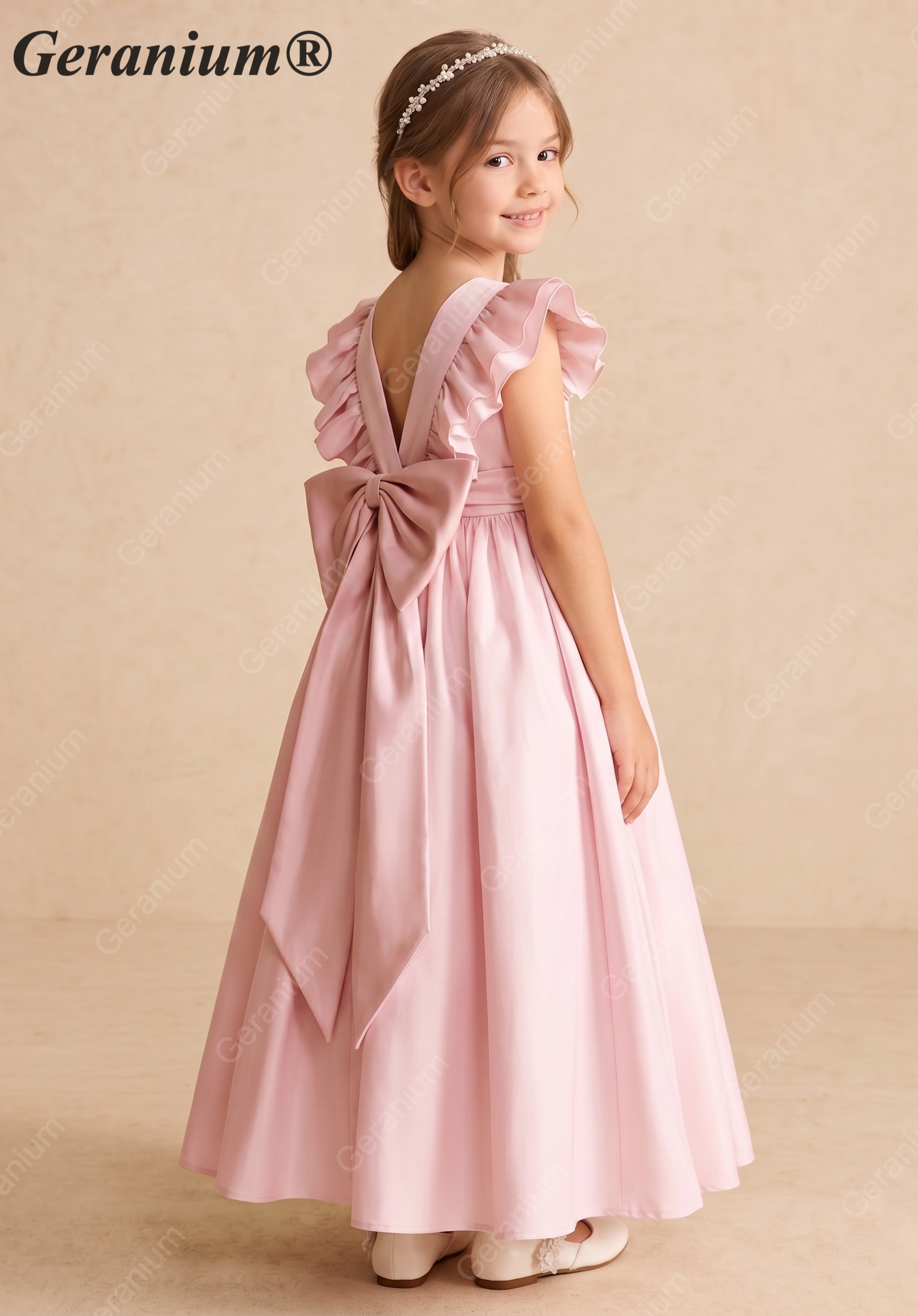 Geranium Elegant Flutter Sleeve Pink Satin Flower Girl Dress with Oversized Back Bow KD-300