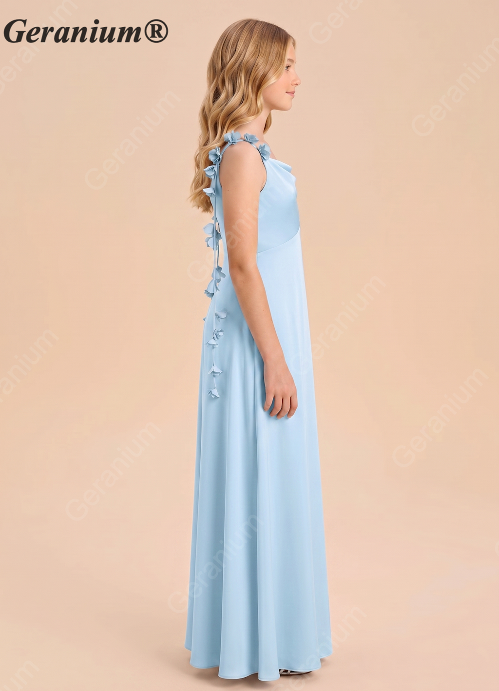 Geranium Sky Blue Floral Strap Cowl Neck Maxi Dress – Elegant Flow Bridesmaid Gown KD-81
