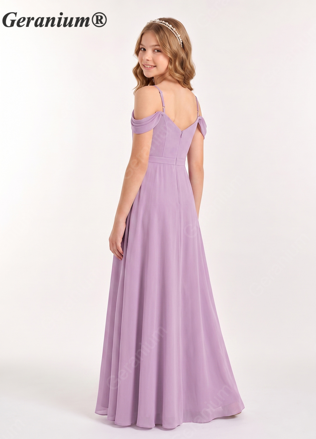Geranium Elegant Chiffon Junior Bridesmaid Dress with Off Shoulder Draped Sleeves – A-Line Floor Length Formal Gown KD-58J Secondary image