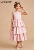 Geranium Elegant Pink Satin Tiered Flower Girl Dress with Oversized Back Bow | Tulle Ruffle Princess Party Gown KD-188