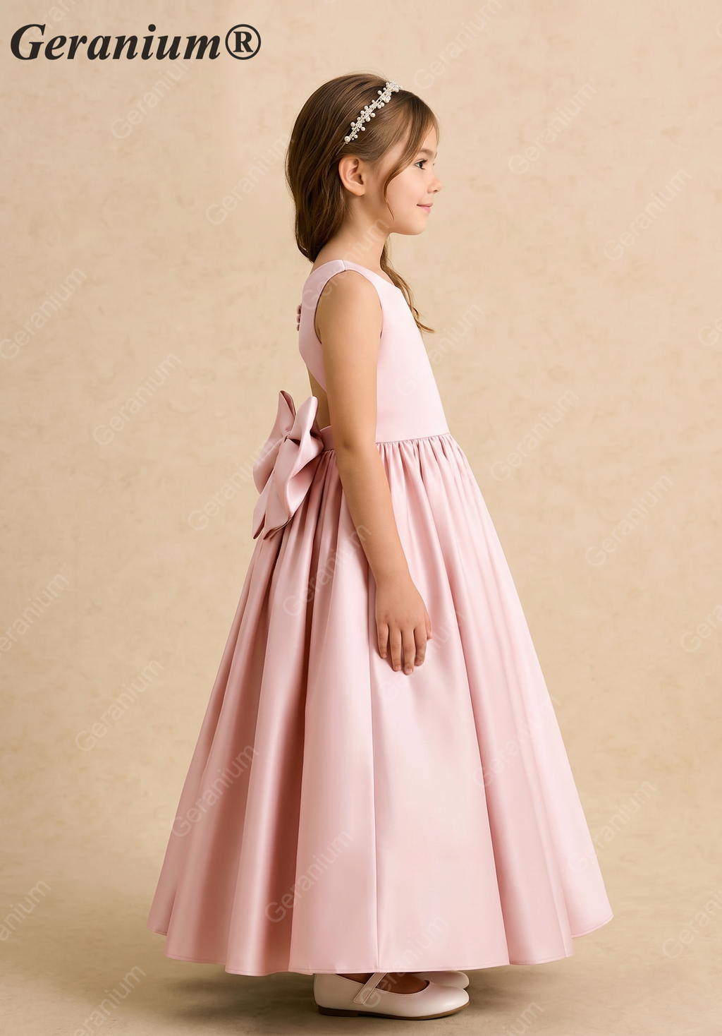Geranium Girl’s Pink Satin Ballgown Flower Girl Dress, Open Back with Big Bow and Crystal Button, Sleeveless Floor-Length Gown for Wedding Guest & Formal Party KD-271