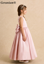 Geranium Girl’s Pink Satin Ballgown Flower Girl Dress, Open Back with Big Bow and Crystal Button, Sleeveless Floor-Length Gown for Wedding Guest & Formal Party KD-271