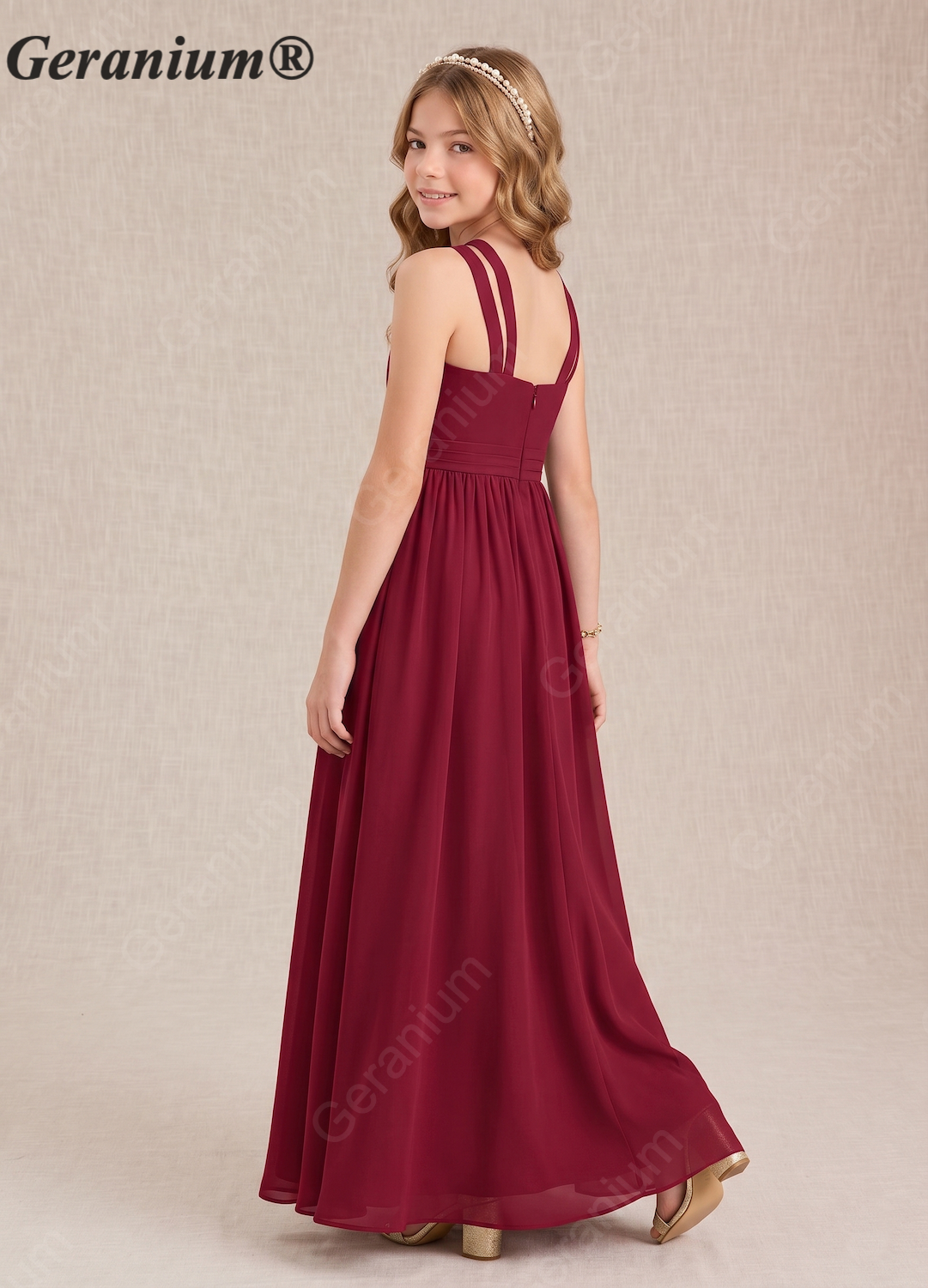 Geranium Chiffon Criss-Cross Halter Junior Bridesmaid Dress – KD-65J Secondary image