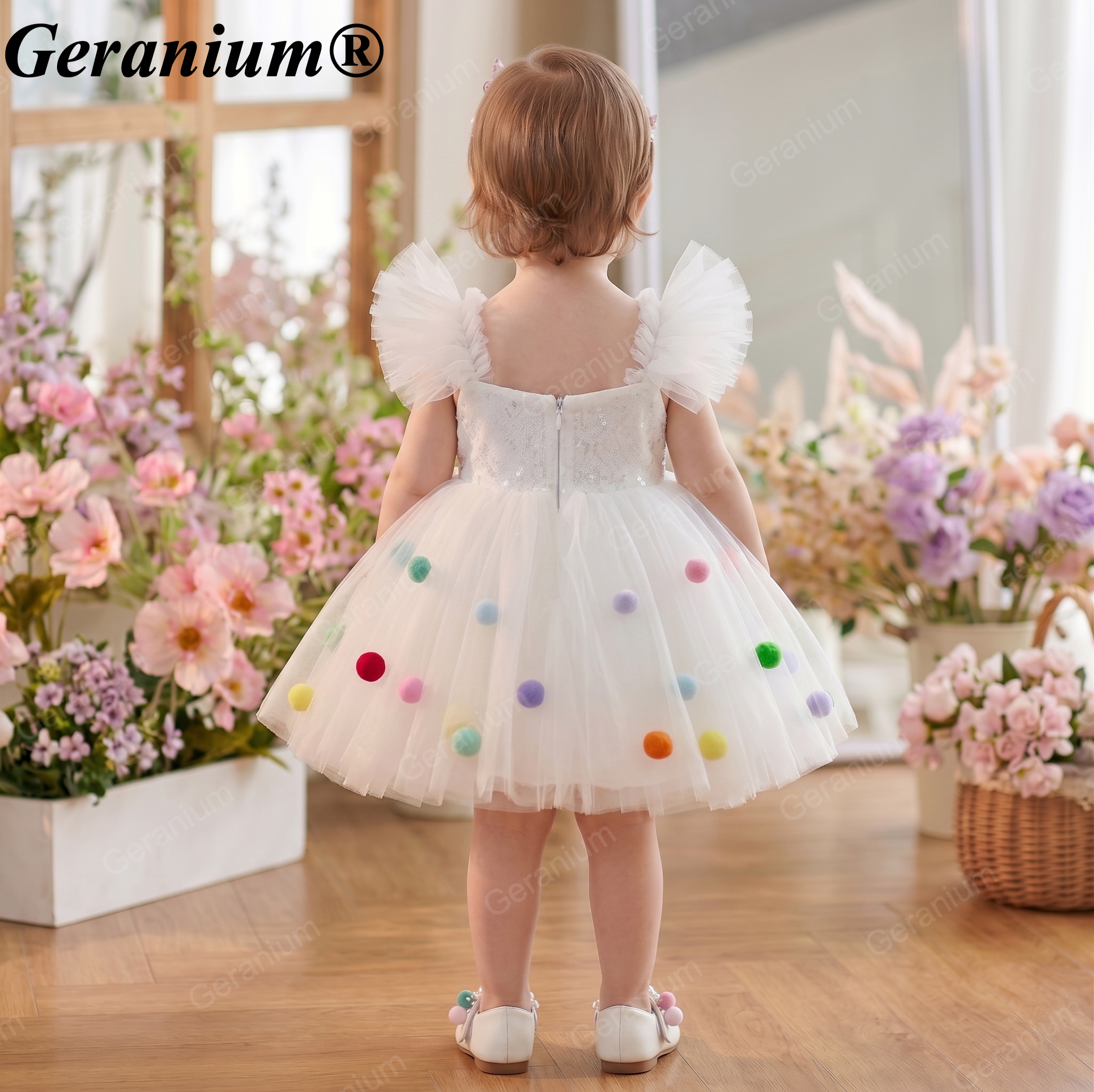 Geranium White Sequin Pom-Pom Tulle Birthday Dress – KD-28 Secondary image