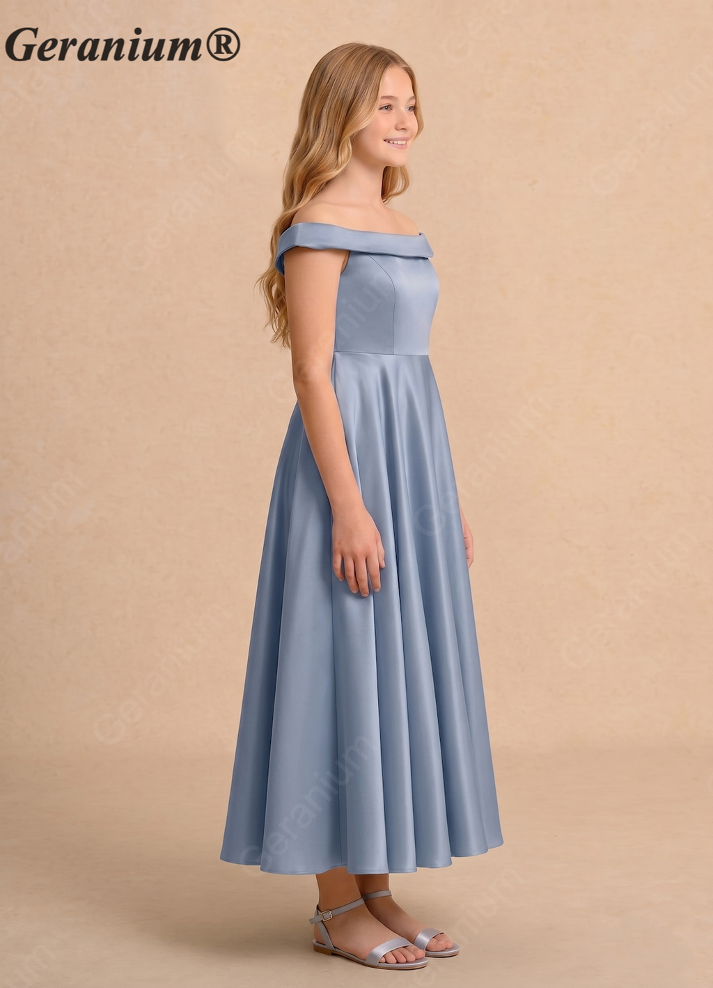 Geranium Junior Off Shoulder Satin A-Line Flower Girl Dress Dusty Blue Tea Length Wedding Party Dress for Girls KD-60