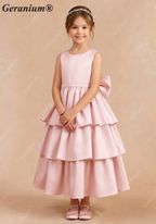 Geranium Elegant Pink Satin Tiered Flower Girl Dress with Oversized Back Bow | Tulle Ruffle Princess Party Gown KD-188