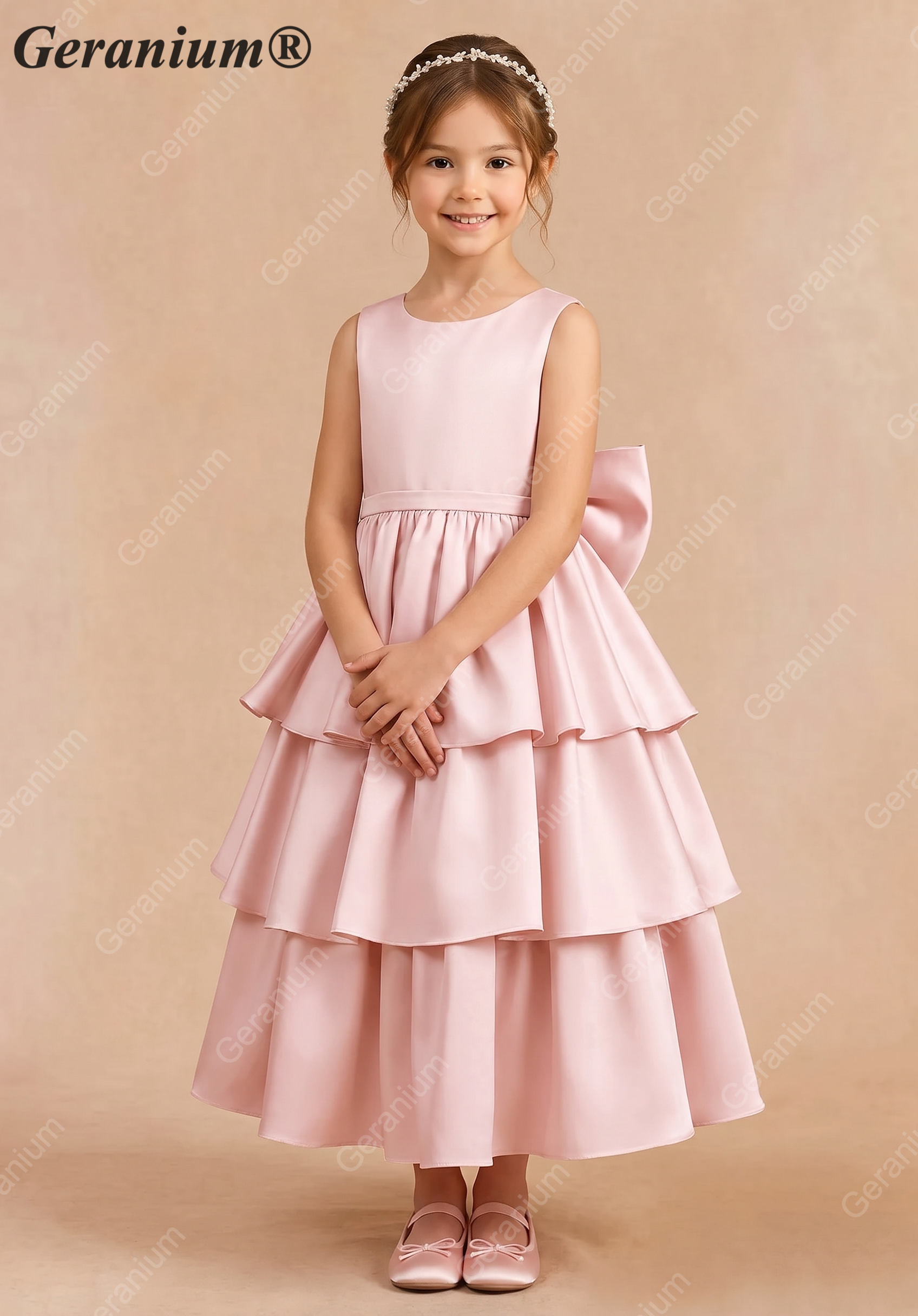 Geranium Elegant Pink Satin Tiered Flower Girl Dress with Oversized Back Bow | Tulle Ruffle Princess Party Gown KD-188