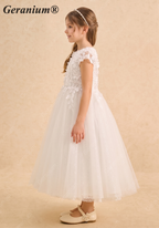 Geranium Elegant 3D Floral Applique Cap Sleeve Flower Girl Dress - Ankle Length Tulle Gown KD-234