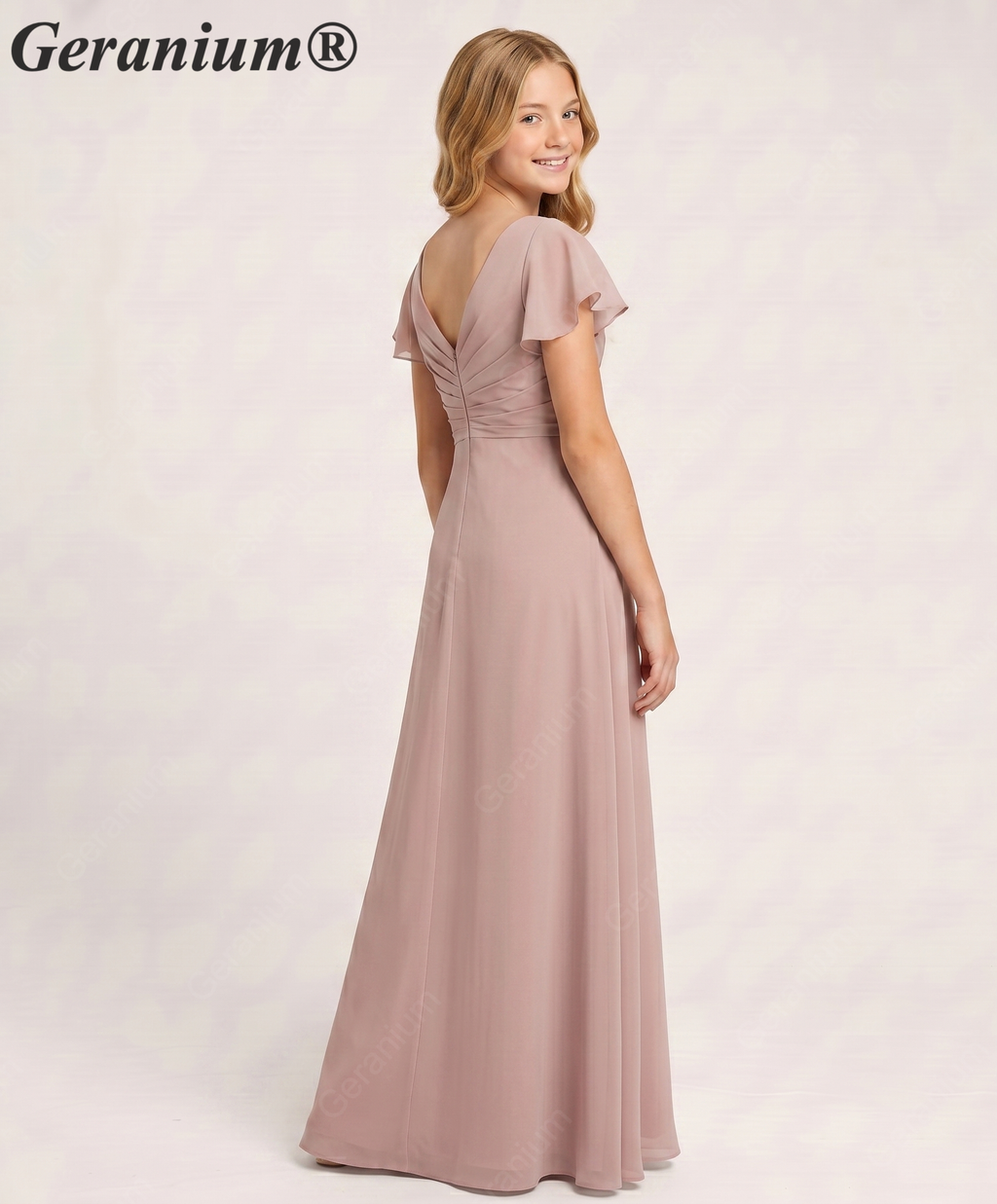 Geranium Elegant Chiffon Flutter Sleeve Junior Bridesmaid Dress with Ruched Bodice KD-319