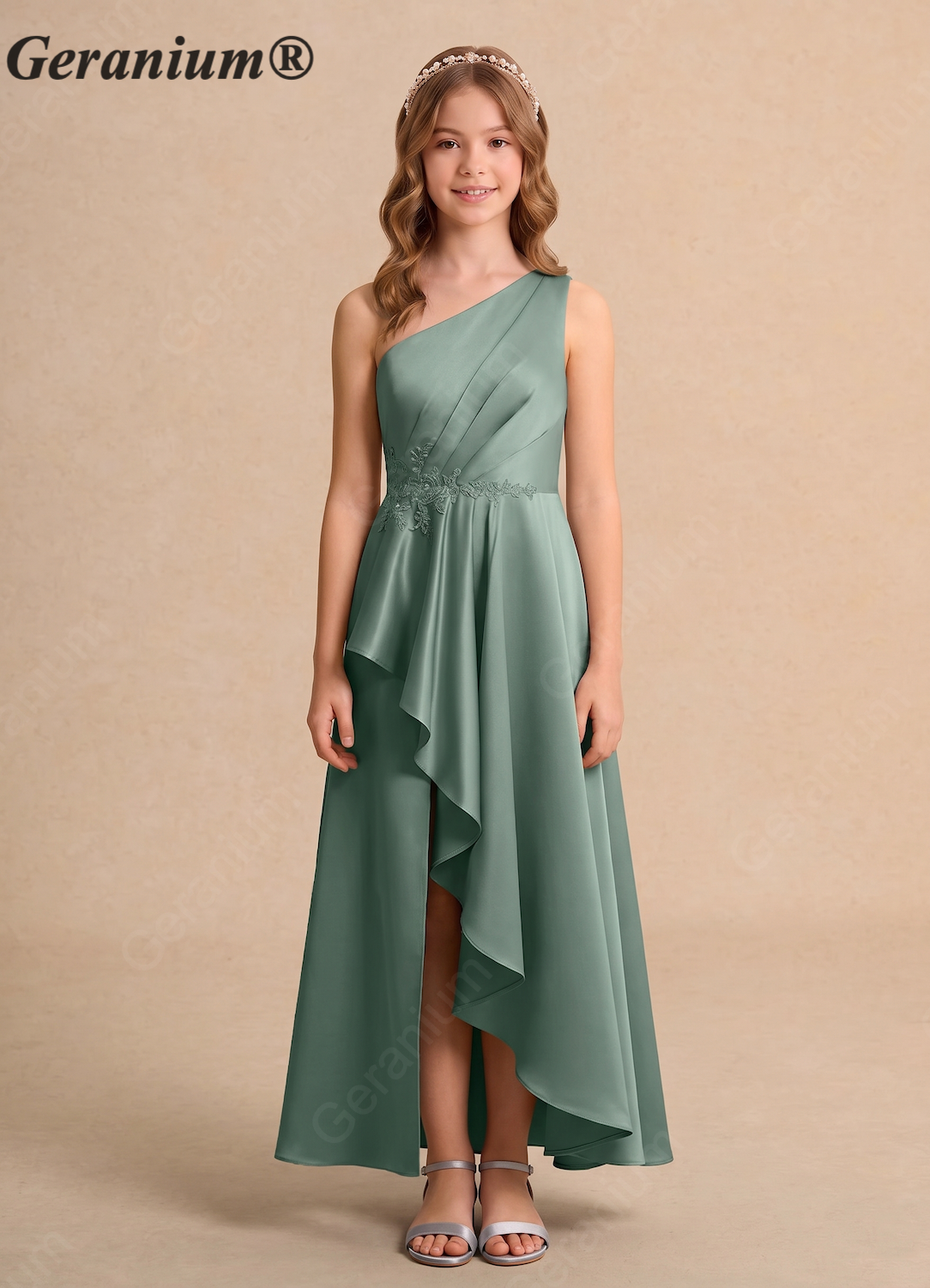Geranium Sage Green One-Shoulder Flower Girl Dress with Draped Waist & Asymmetrical Hem KD-111 Main image