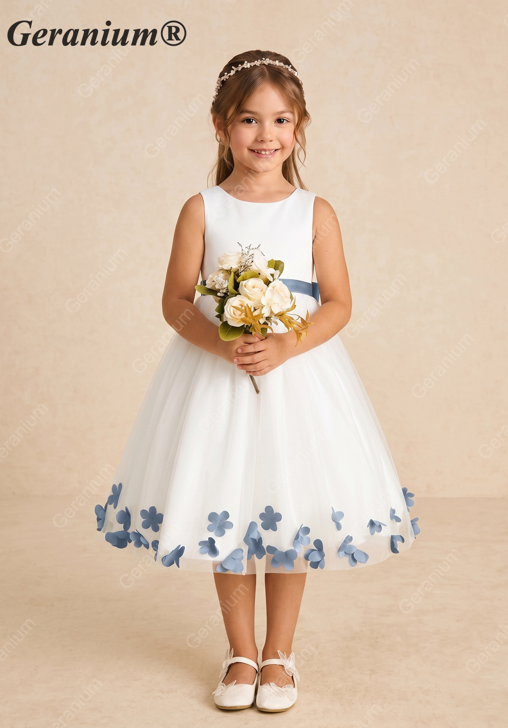 Geranium Elegant White Tulle Flower Girl Dress with Dusty Blue 3D Butterfly Appliqués & Oversized Removable Bow KD-202