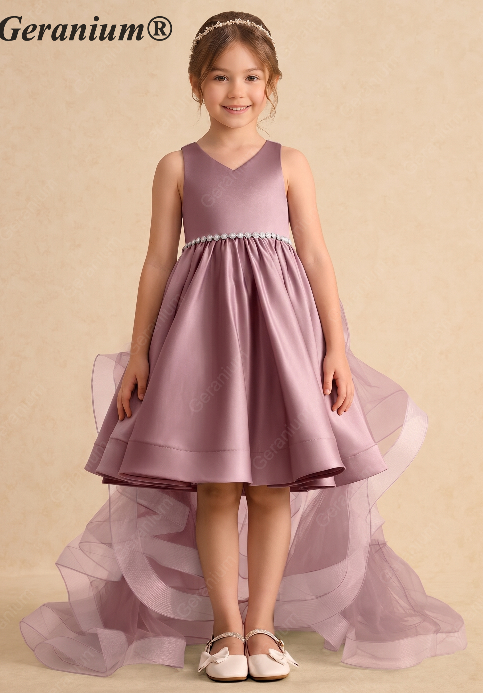 Geranium Girls Mauve Satin Hi-Low Dress with Pearl Waistband & Detachable Ruffled Tulle Train KD-283