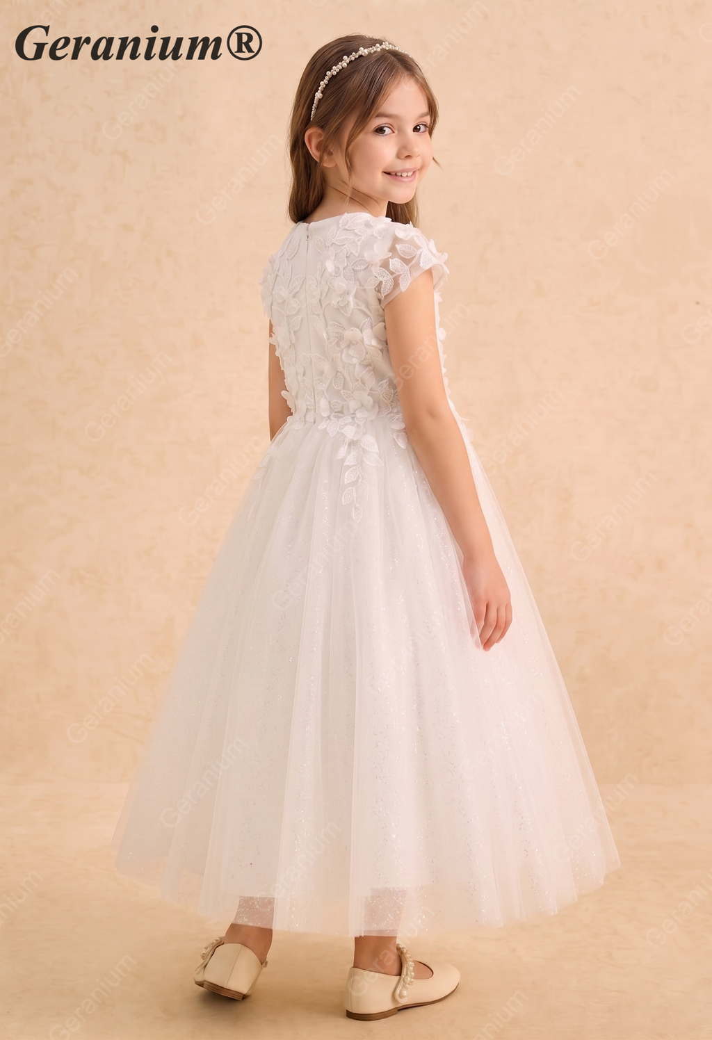 Geranium Elegant 3D Floral Applique Cap Sleeve Flower Girl Dress - Ankle Length Tulle Gown KD-234