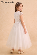 Geranium Elegant 3D Floral Applique Cap Sleeve Flower Girl Dress - Ankle Length Tulle Gown KD-234
