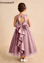 Geranium Heart Back Dusty Rose Tulle Flower Girl Dress with Oversized Detachable Bow KD-182