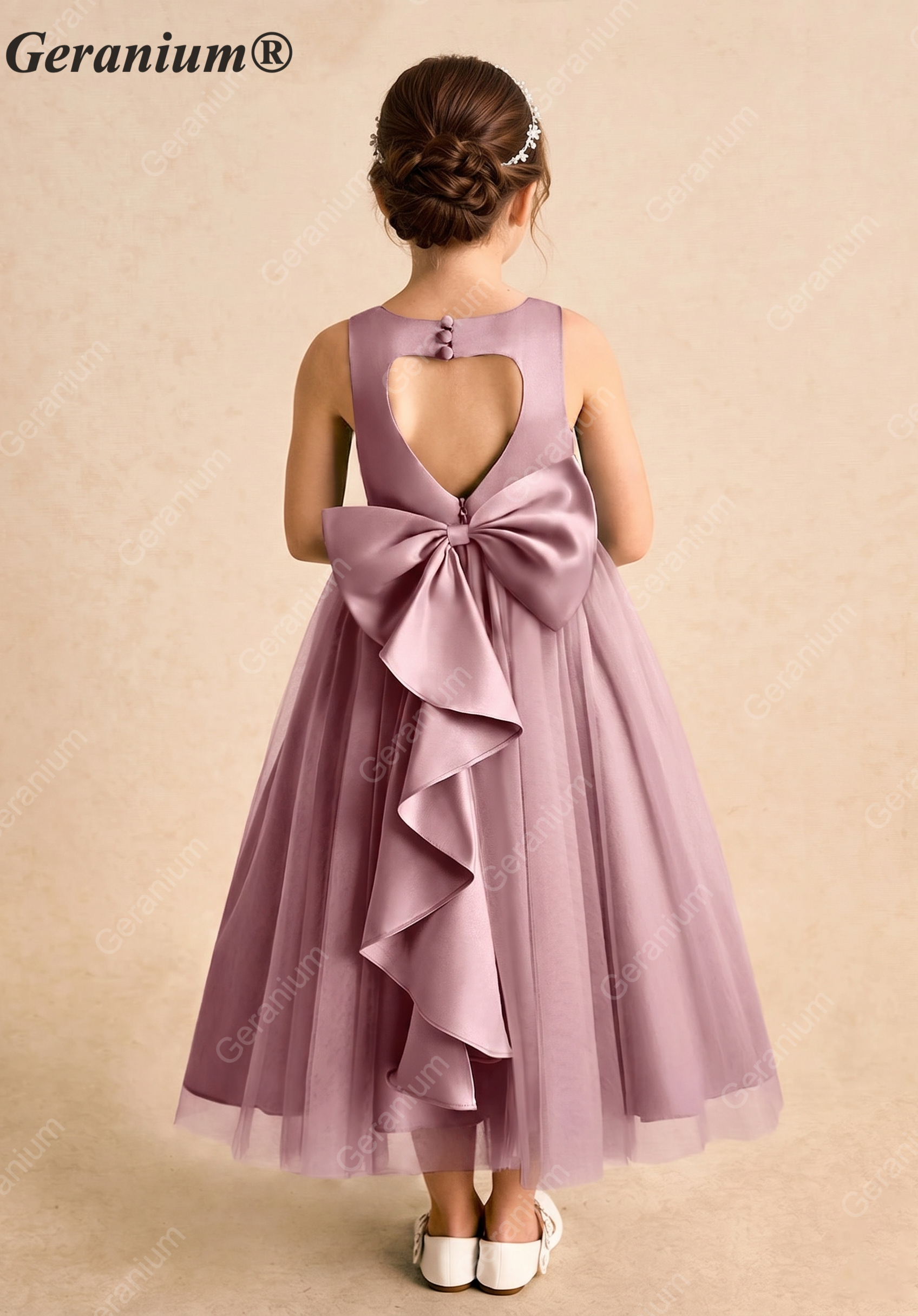 Geranium Heart Back Dusty Rose Tulle Flower Girl Dress with Oversized Detachable Bow KD-182