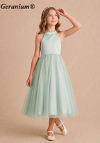 Geranium Elegant Halter Satin and Tulle Junior Bridesmaid Dress with Back Bow KD-205J
