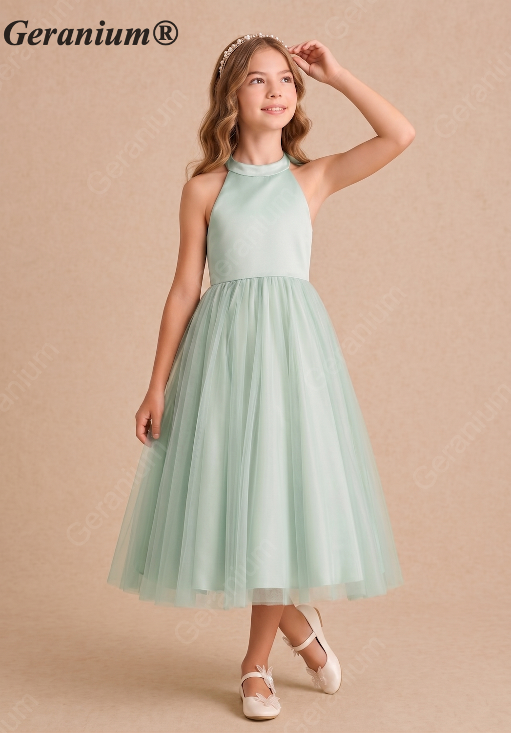 Geranium Elegant Halter Satin and Tulle Junior Bridesmaid Dress with Back Bow KD-205J