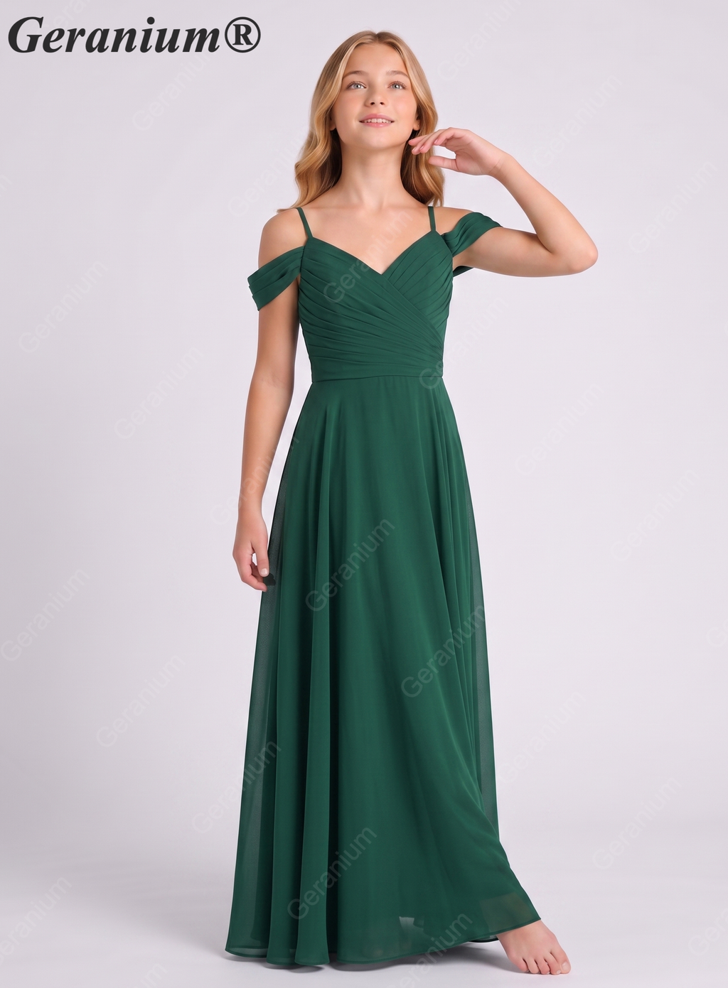 Geranium Dark Green Off-the-Shoulder Chiffon Floor-Length Teen Bridesmaid Dress KD-307