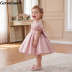 Geranium Elegant Toddler Girl Dusty Pink Satin Party Dress - Pearl Illusion Neckline Princess Gown with Statement Back Bow KD-46