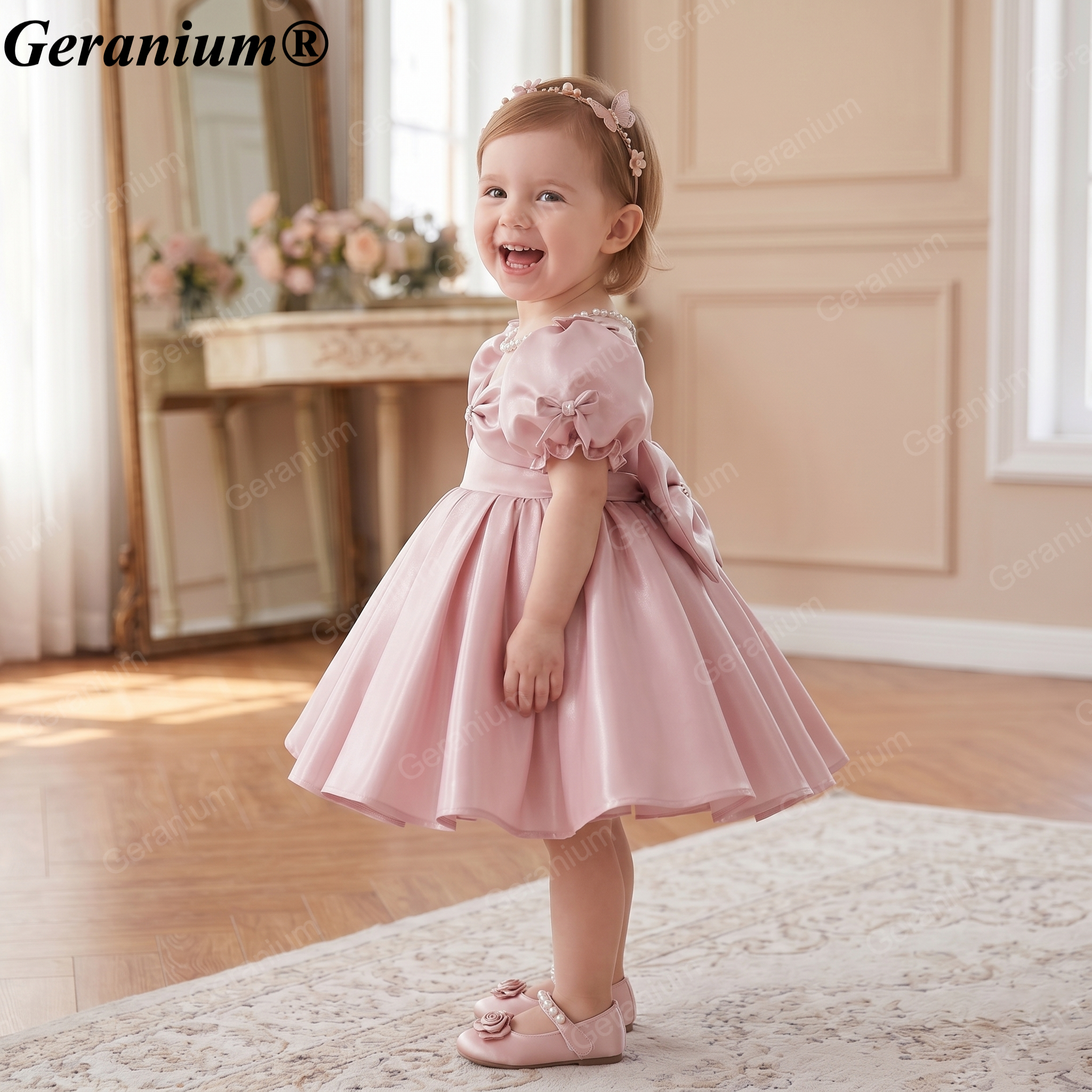 Geranium Elegant Toddler Girl Dusty Pink Satin Party Dress - Pearl Illusion Neckline Princess Gown with Statement Back Bow KD-46